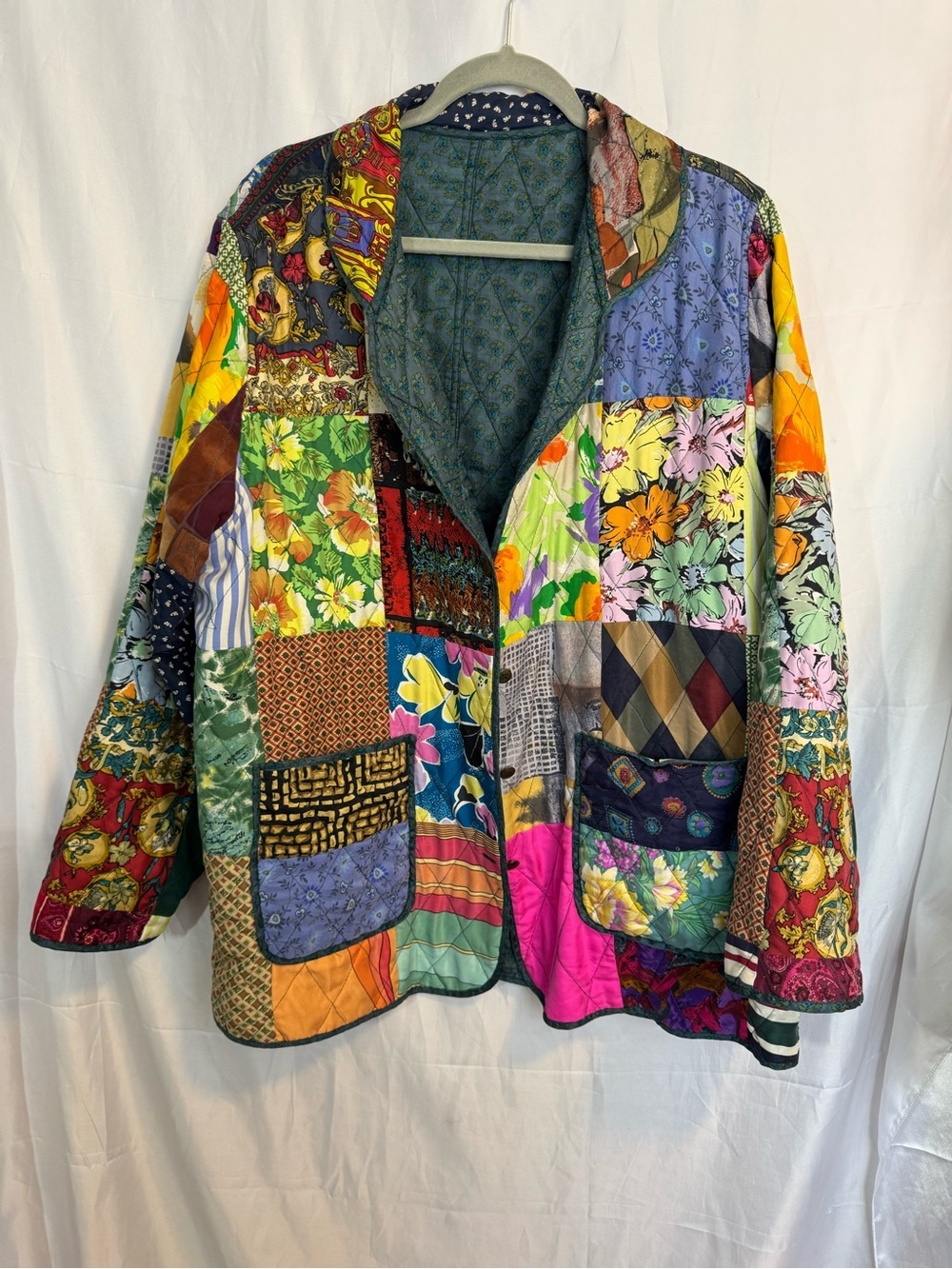 220 Hickory Reversible Quilted Patchwork Silk Jacket XL Floral Boho